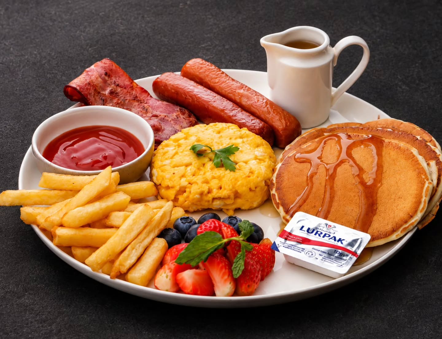 Coffeine pancake breakfast with eggs, sausages, fries and fresh berries